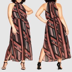 City Chic Women's Plus Size Halter Maxi‎ Dress Party Disco Black Multi Size 18